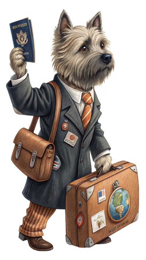 Terrier dog in coat, holding passport, carrying suitcase and bag, ready to travel.