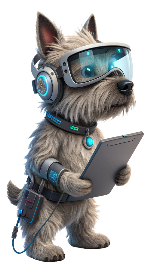 Cairn terrier wearing VR goggles, headphones, and a wristband, holding a tablet.