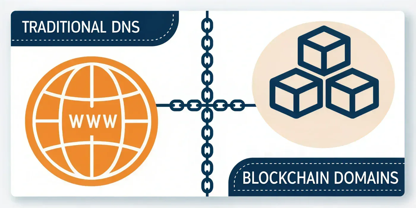 Diagram comparing traditional DNS and blockchain domains, linked by a chain.