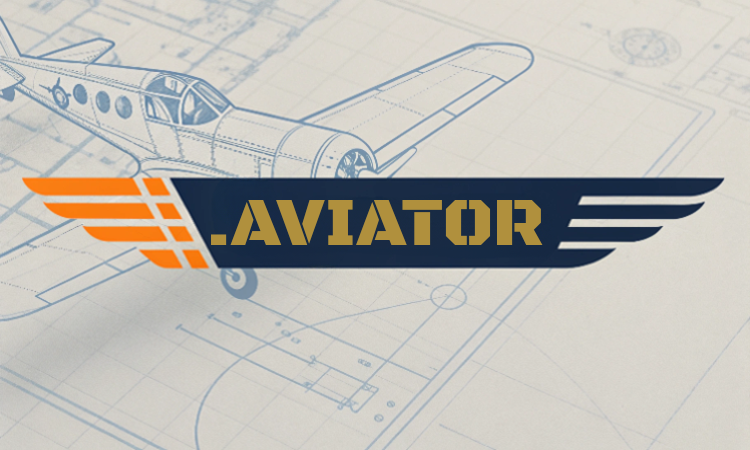 Logo for AVIATOR, featuring an orange and navy wing design and the word 