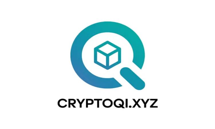 Logo for Cryptoqi.xyz, a teal and blue magnifying glass shape with a cube inside.
