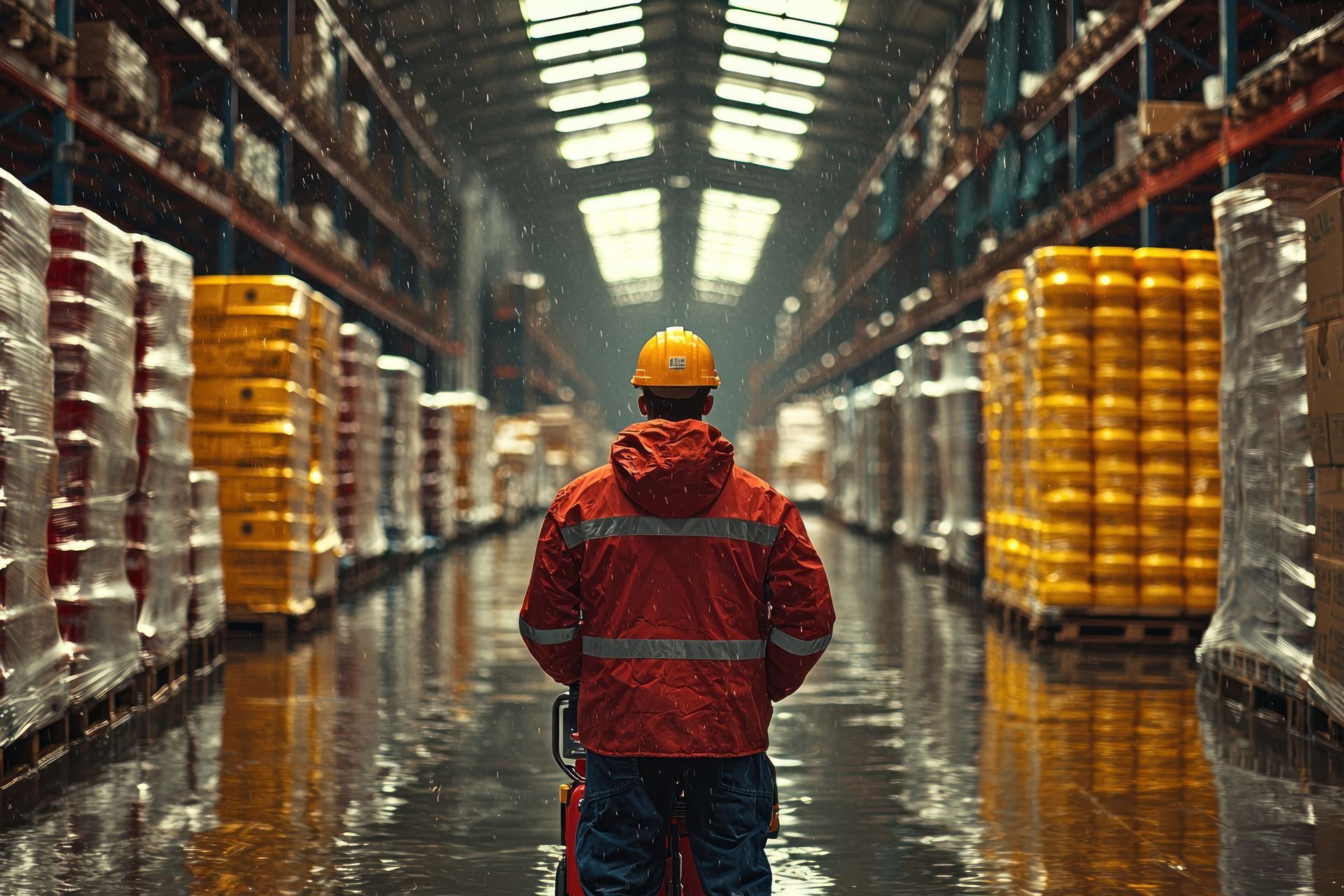 man wearing a hard hat standing in flooded warehouse