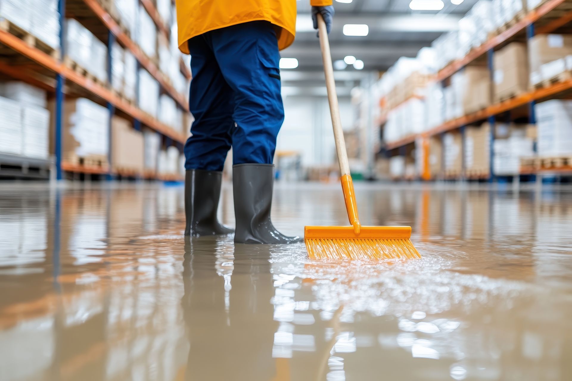 male working inside a warehouse restoring the space after a middle Tennessee flood
