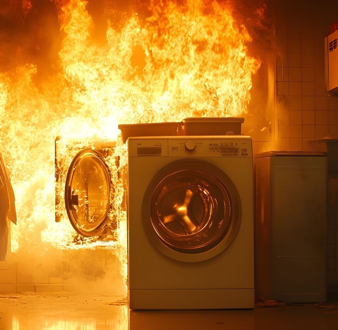laundry machine in a home on fire
