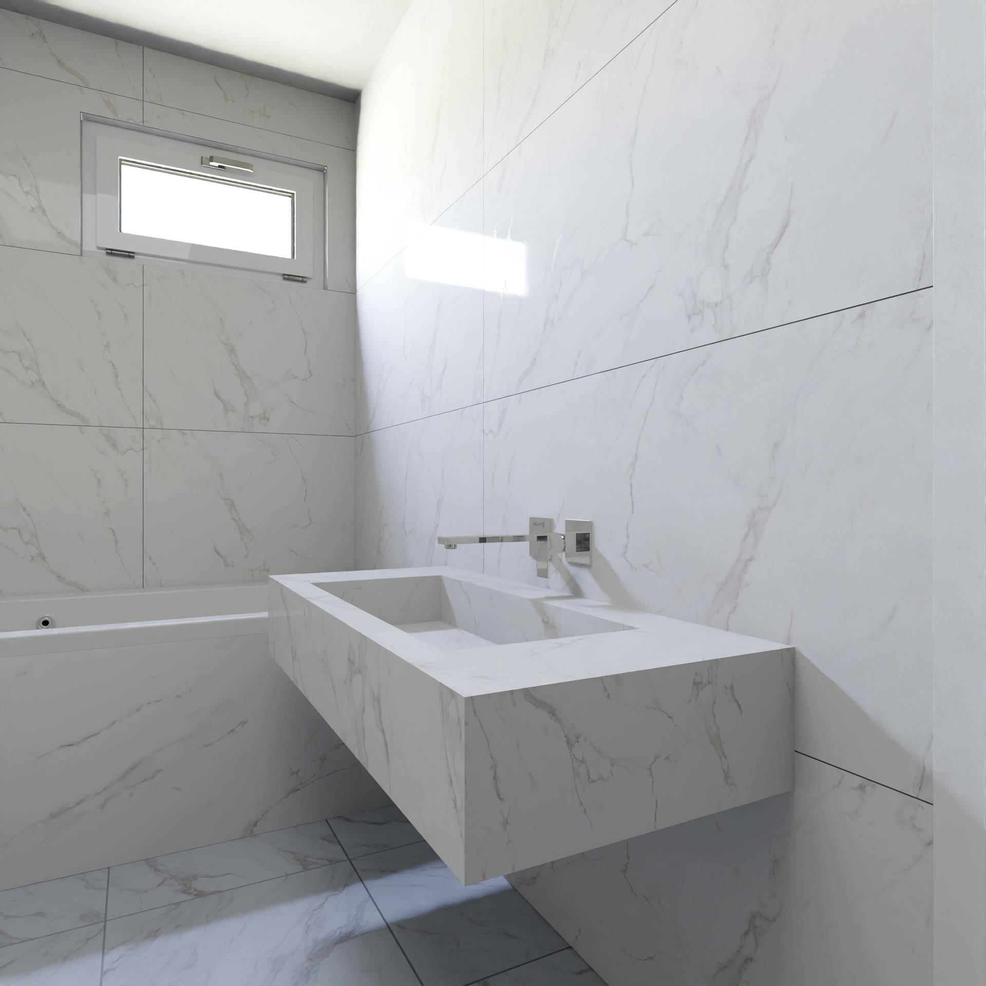 A bathroom with white tiles and a sink and bathtub