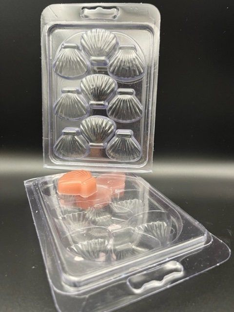 A clear plastic container with seashells on it is sitting on a table.