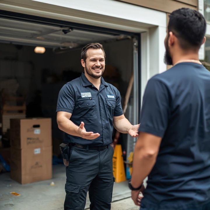Man in blue uniform smiles, gesturing as he speaks to another man near an open garage.