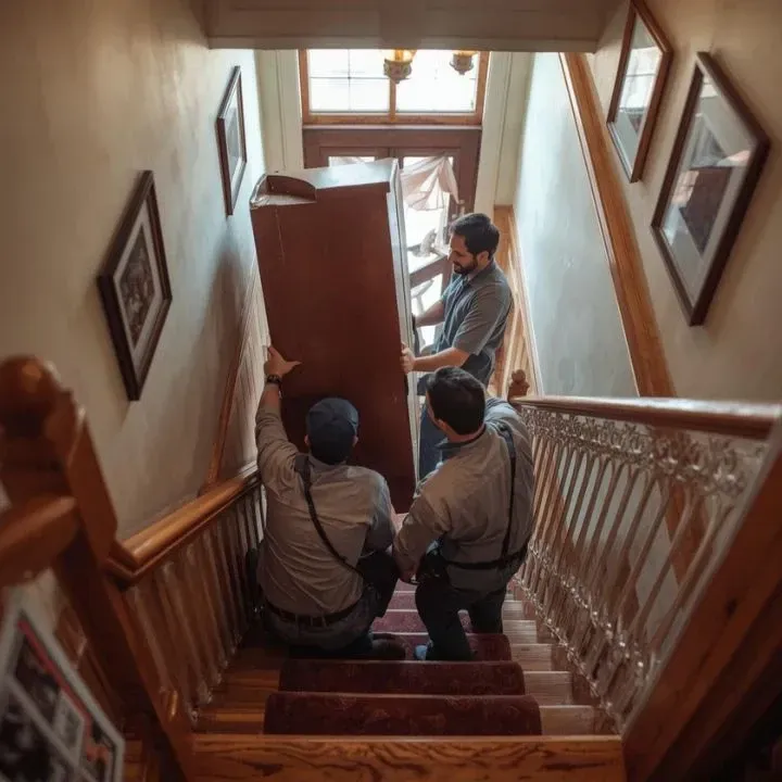 Licensed and insured junk removal Milwaukee WI team safely removing furniture from narrow staircase