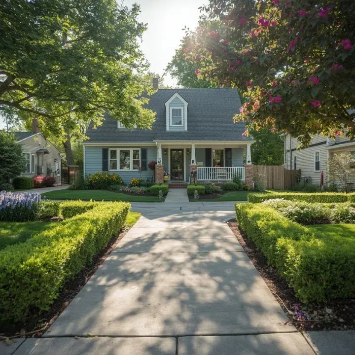 Blue house with white trim, front porch, and manicured landscaping; pathway leads to the entrance.