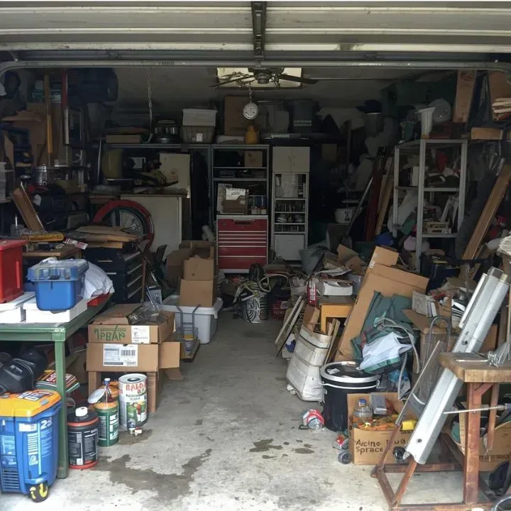 Cluttered garage with boxes, tools, and various items filling the space.