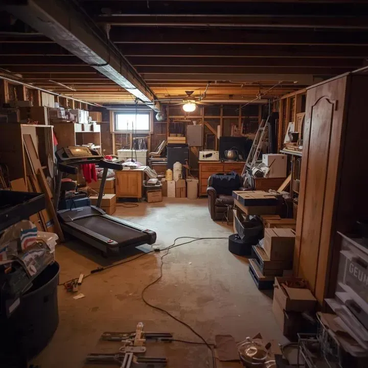 Cluttered Milwaukee basement before junk removal showing stored furniture, exercise equipment, and h