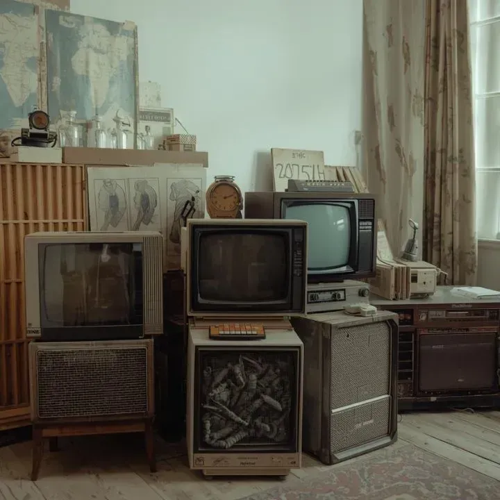 A collection of old televisions and electronics in a dimly lit room, with vintage decor.