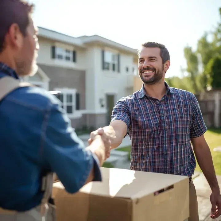 Man shaking hands with delivery person holding a cardboard box in front of a house.