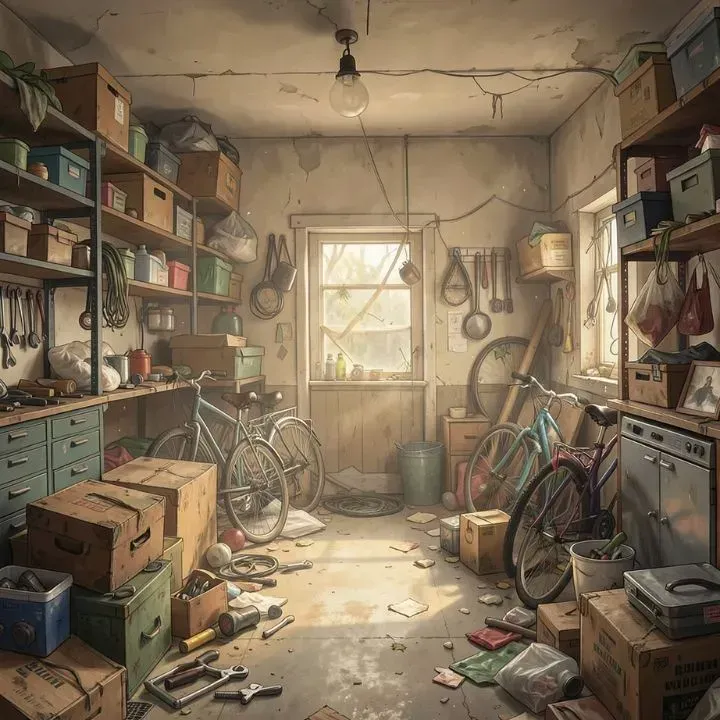 Cluttered garage: boxes, tools, bicycles, shelves. Natural light streams in.