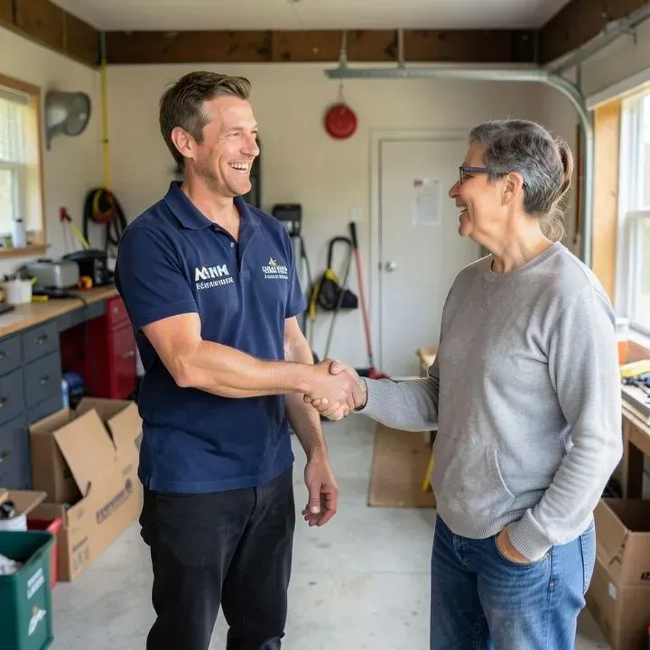 Man in navy shirt shakes hands with a woman in a garage; both smile.