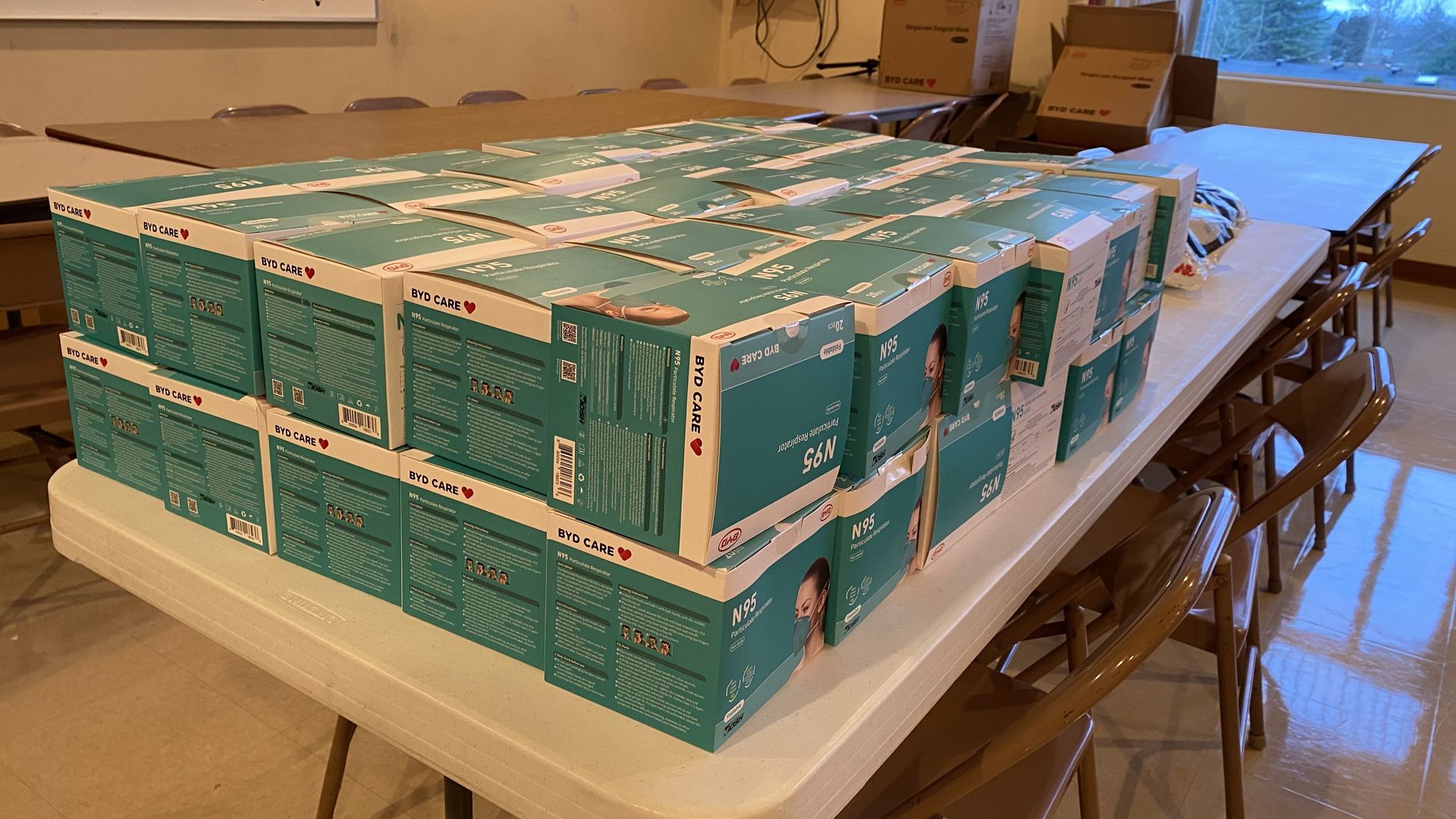 A stack of boxes sitting on top of a white table