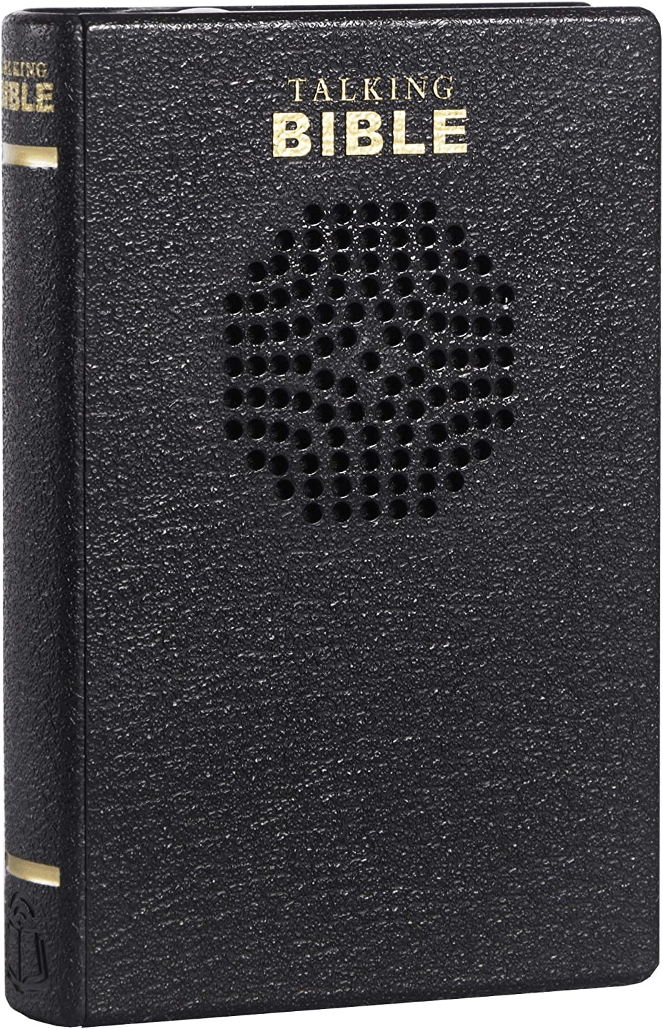 A black talking bible with a speaker on the cover