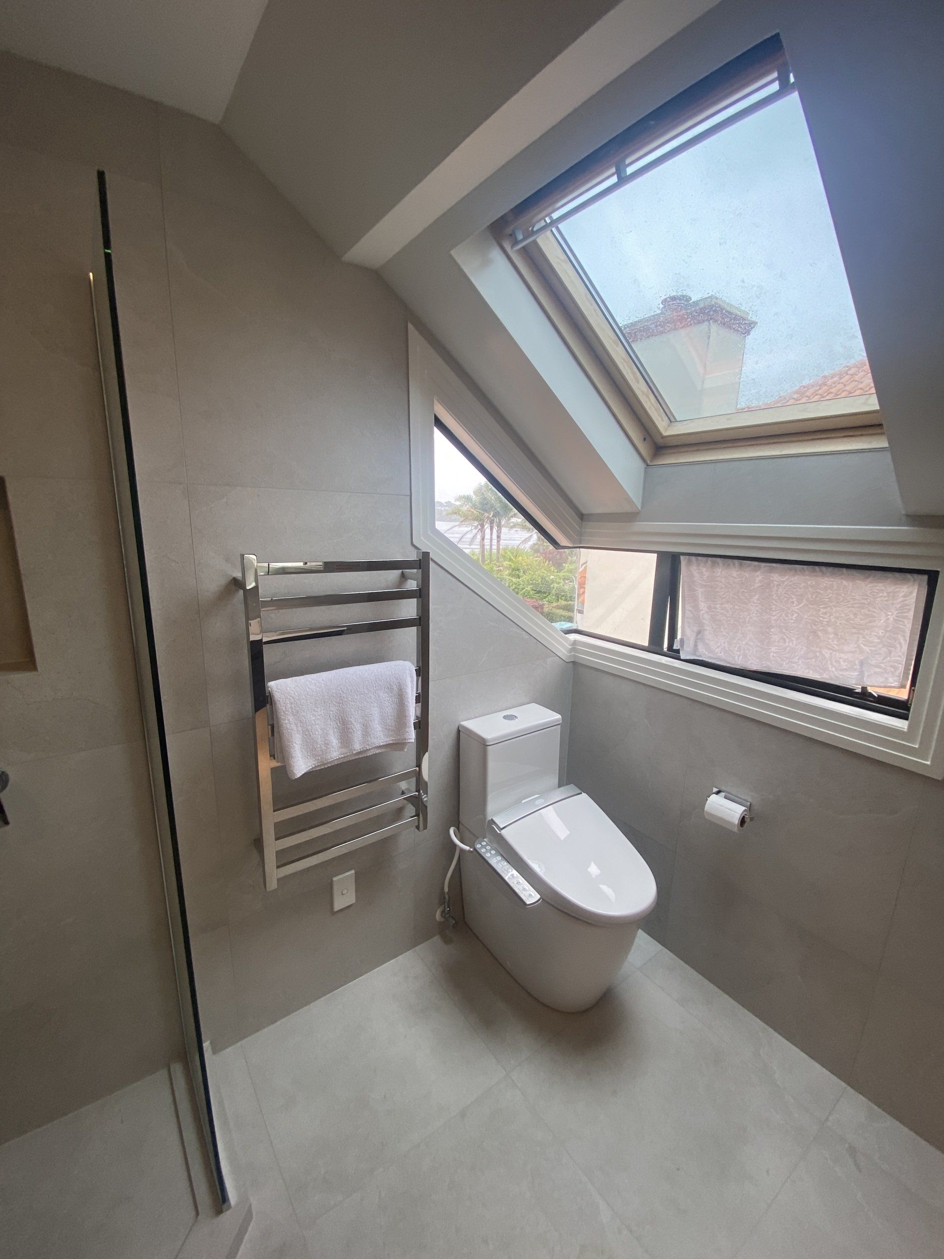 A bathroom with a toilet , shower and skylight
