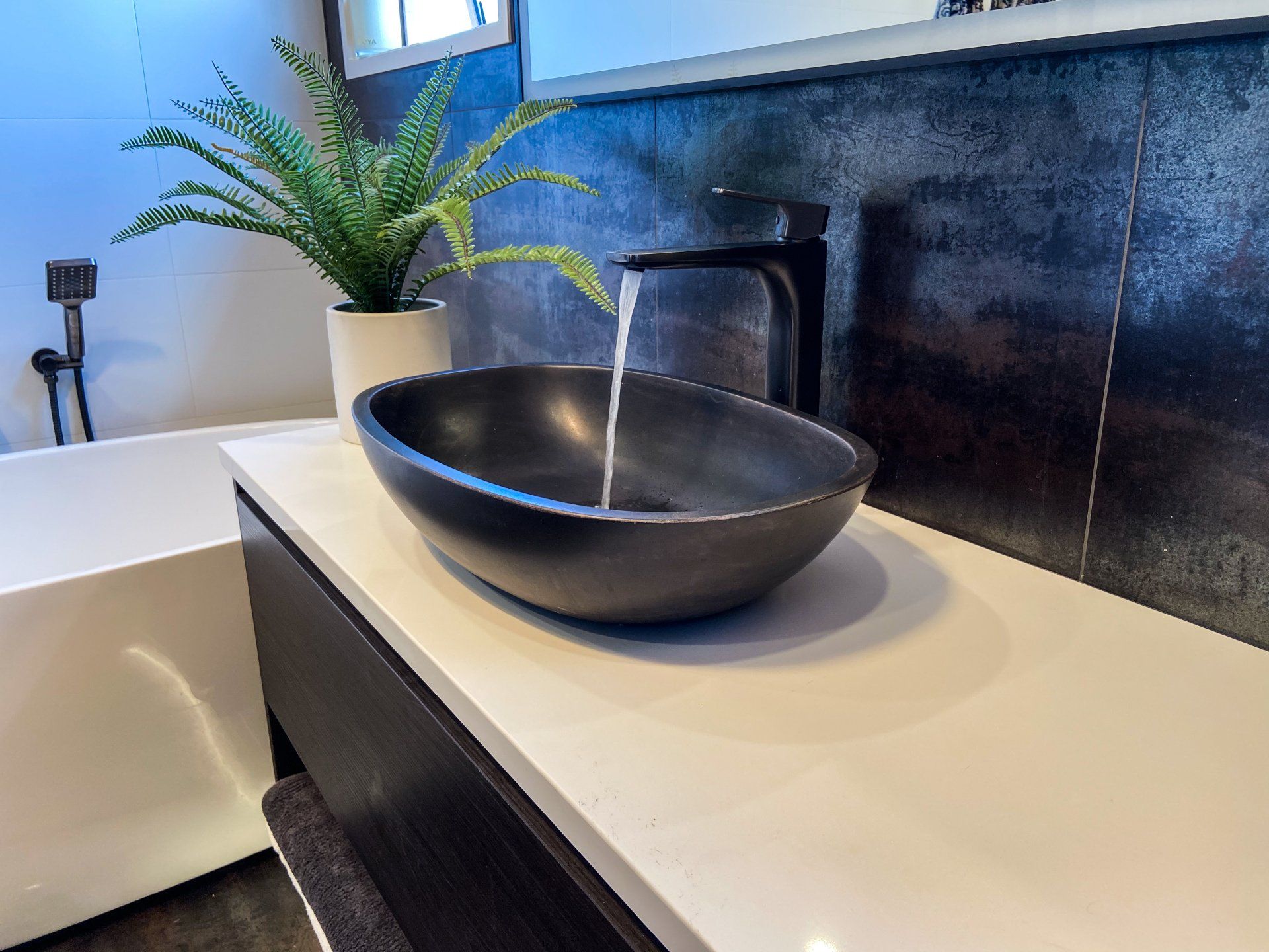 A bathroom with a black sink and a plant on the counter