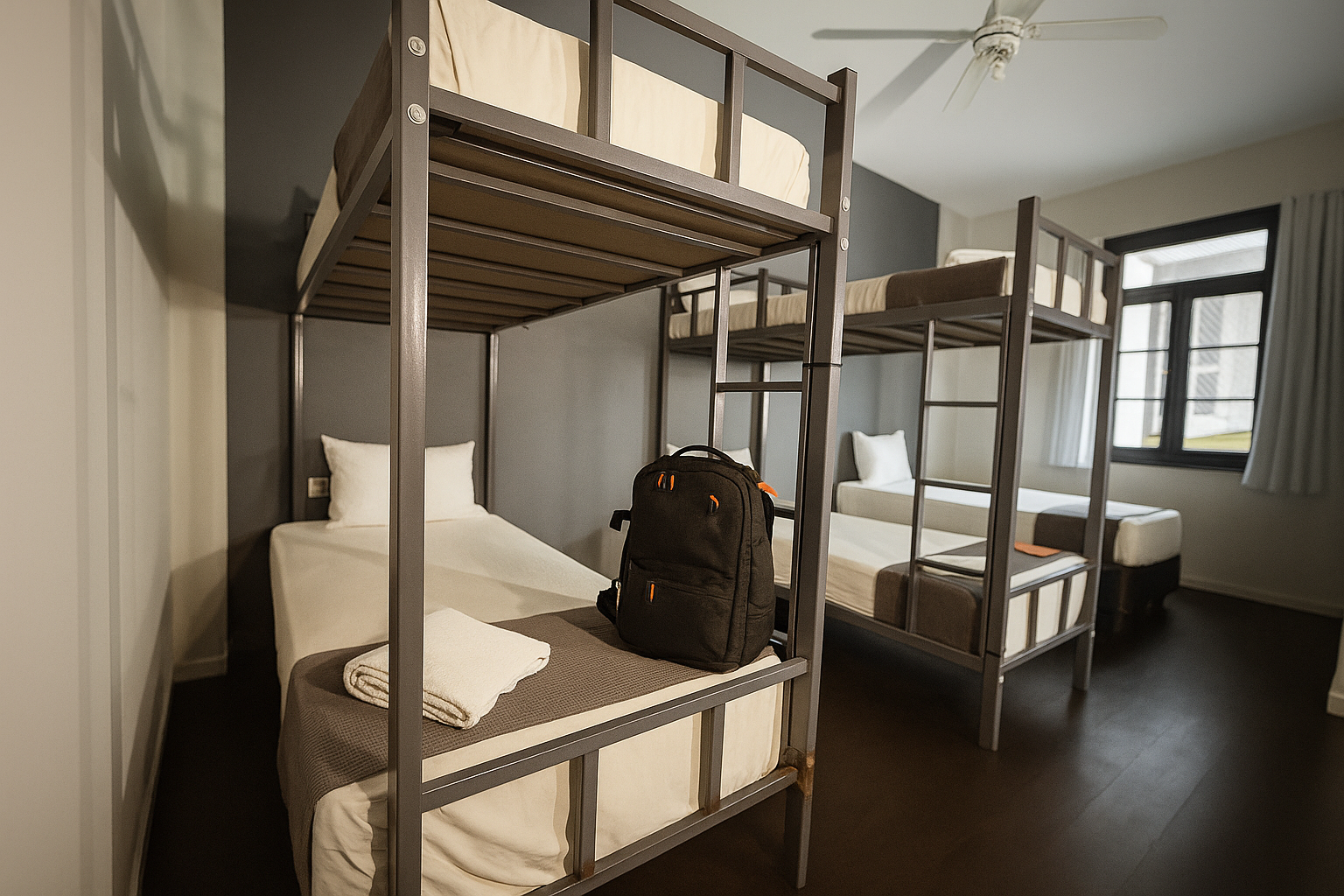 Beliches em um dormitório bem iluminado. Uma mochila está sobre a cama. Janela e ventilador de teto são visíveis.