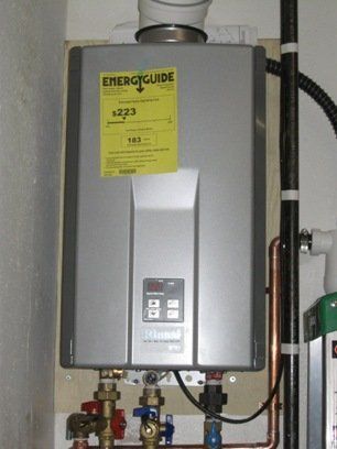 A water heater with an energy guide label on it