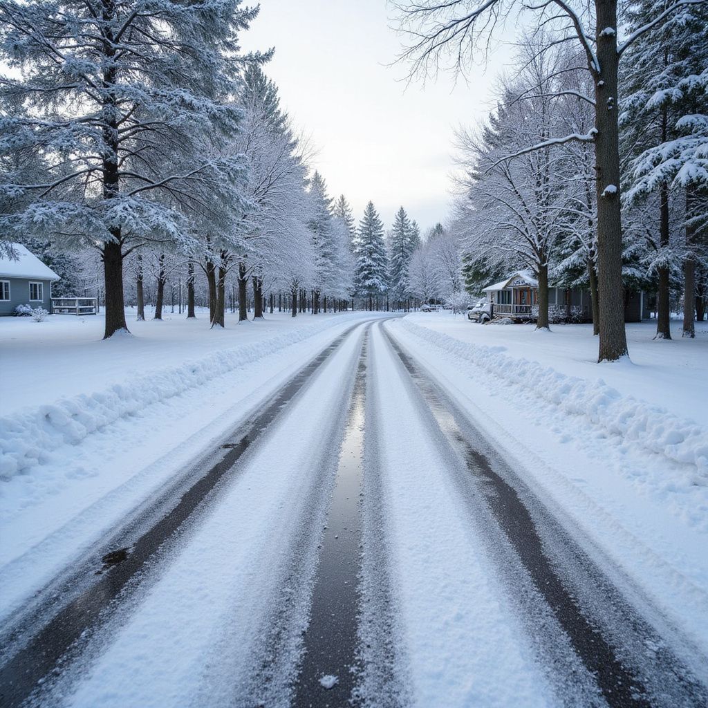Snow-covered road lined with trees and homes under a pale sky.