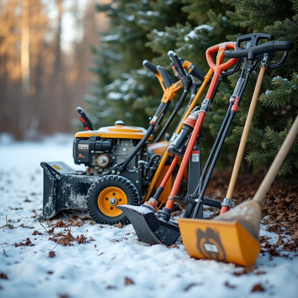 Snowblower and shovels lined up in a snowy outdoor setting, ready for winter.