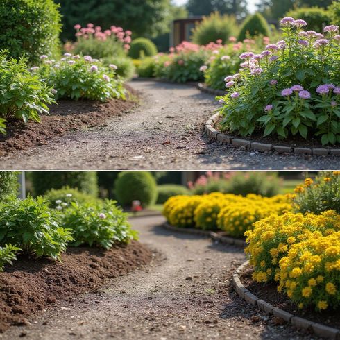 Top: Garden path with pink flowers.
Bottom: Garden path with yellow flowers.