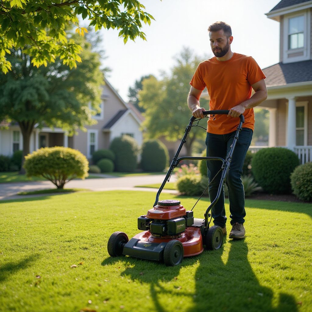 Man mowing a lush green lawn in front of a suburban house on a sunny day.