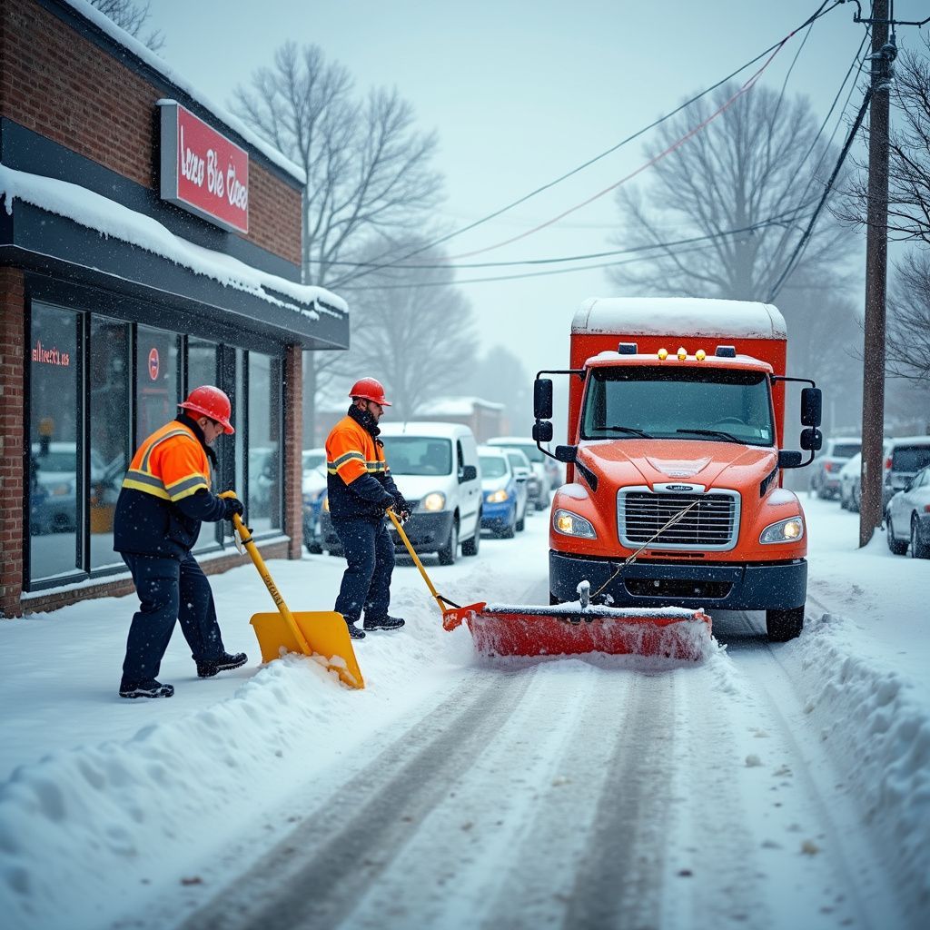Two workers shovel snow near a storefront and a snowplow truck clears the road.