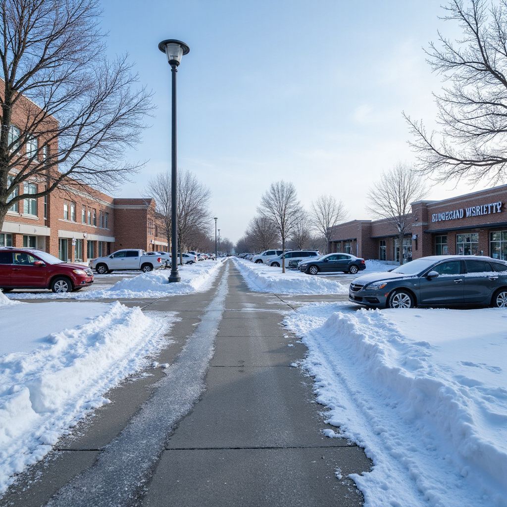 Snowy street with parked cars, brick buildings, and leafless trees under a bright blue sky.