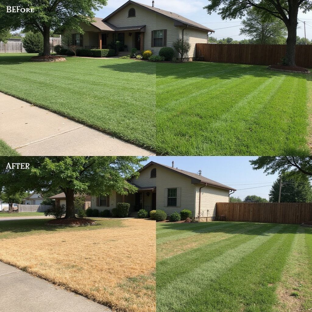 Before and after comparison of a house's lawn; one side is green and lush while the other is brown and dead.