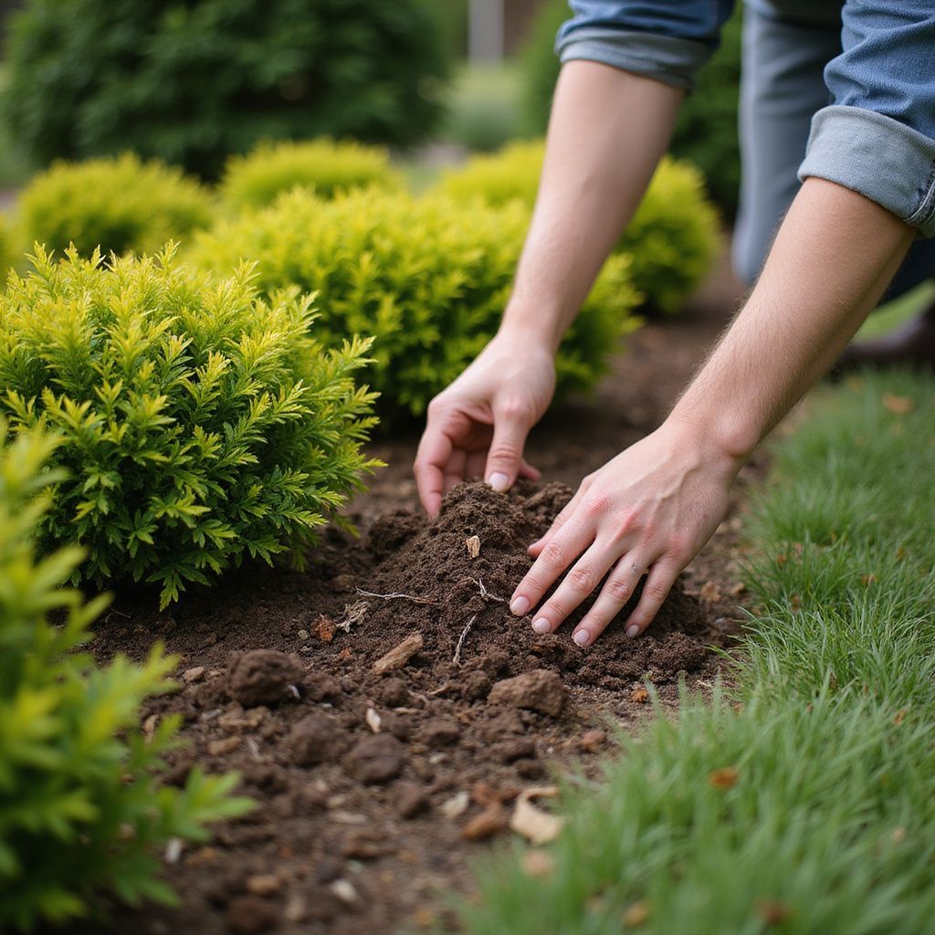 Man kneeling in garden, hands in dark soil, tending to the plants.