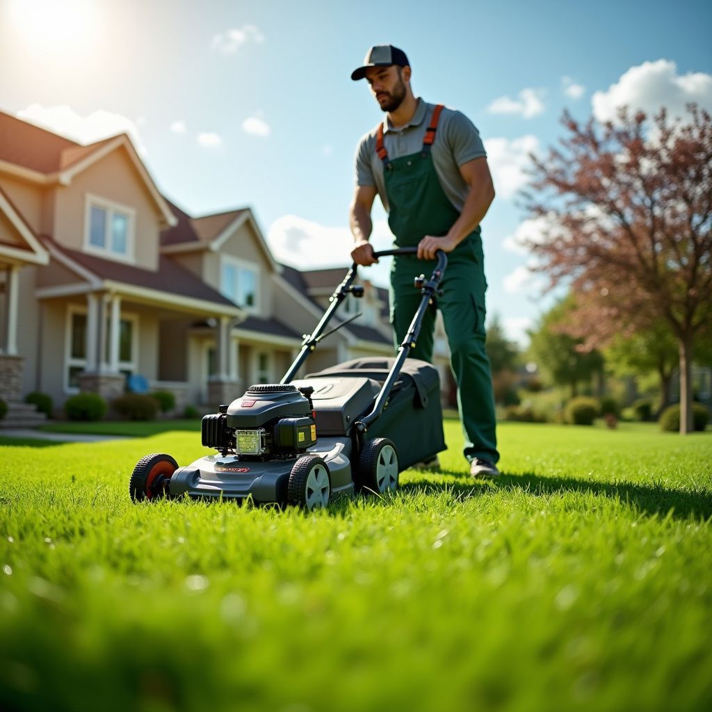 Man mowing a green lawn in front of a house on a sunny day.