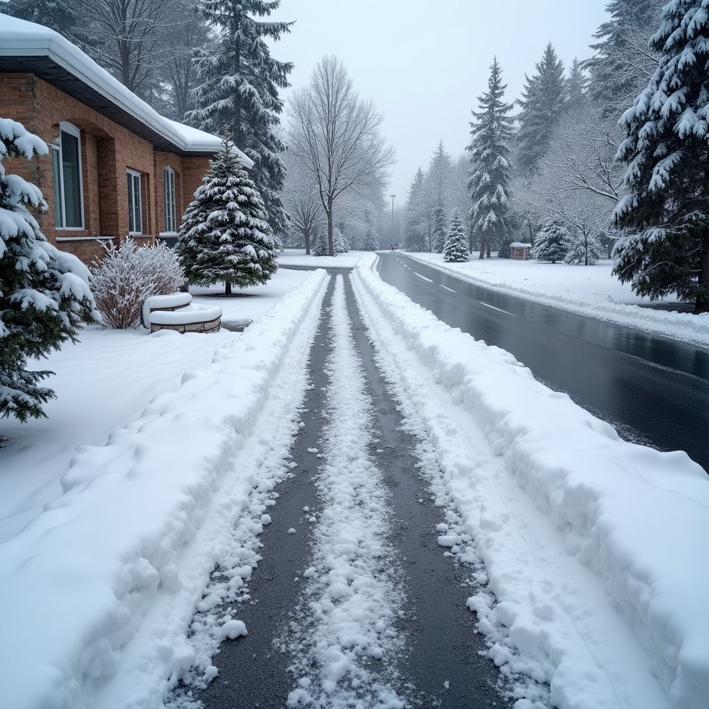 Snow-covered driveway and road lined with trees. Brick house on the left. Winter scene.