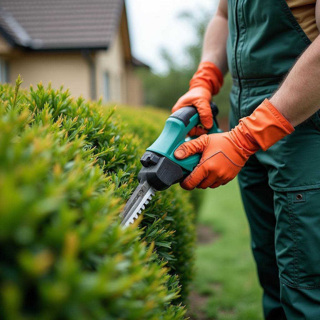 Person trimming a hedge with an electric hedge trimmer, wearing orange gloves, outside a house.
