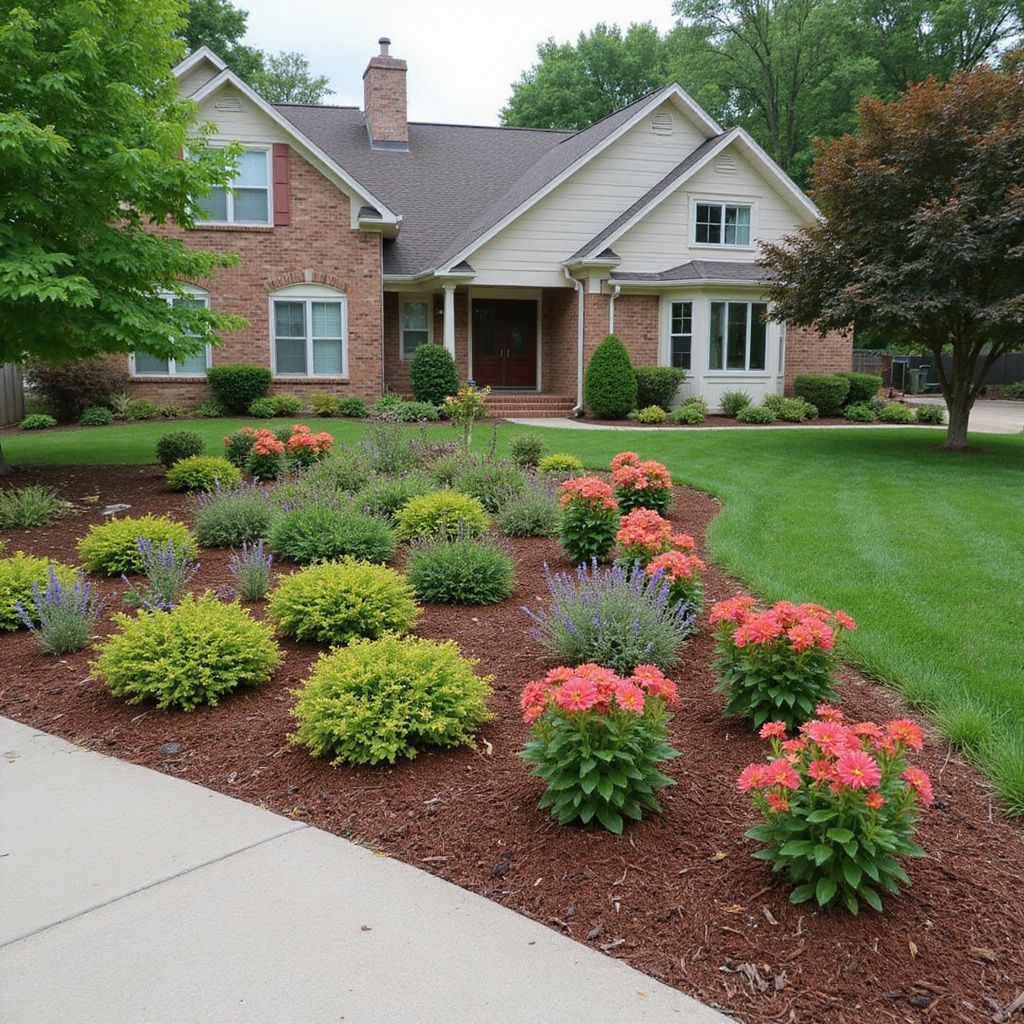 Brick house with well-maintained landscaping: red flowers, green bushes, mulch, and a curved sidewalk.