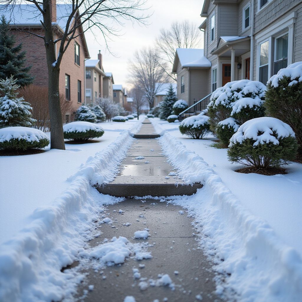 Snow-covered sidewalk in residential area with houses and trimmed bushes, winter scene.