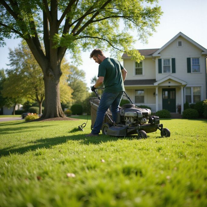Man mowing a green lawn in front of a two-story house with a large tree on a sunny day.