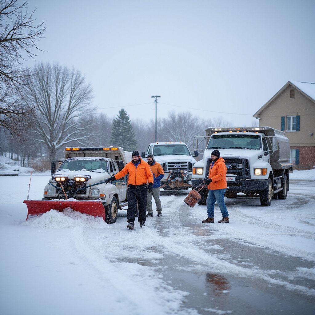Snowplows clearing a road with workers in orange vests in a snowy setting.