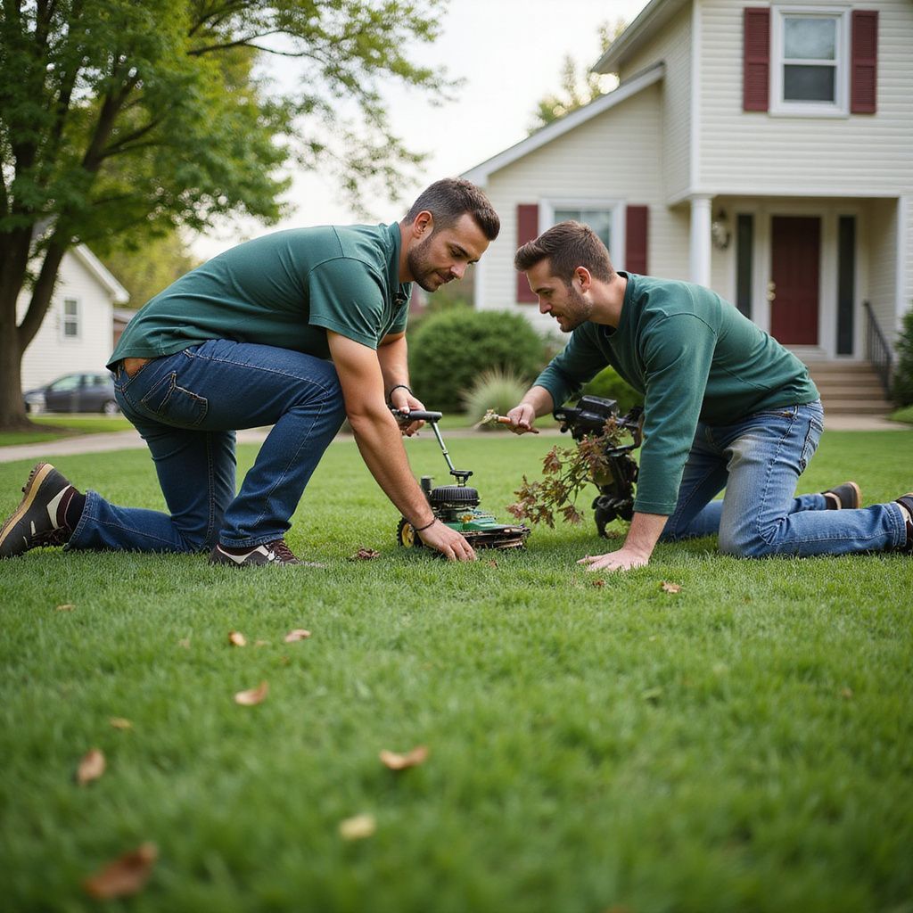Two men in green shirts kneel on grass, inspecting an irrigation system near a house.