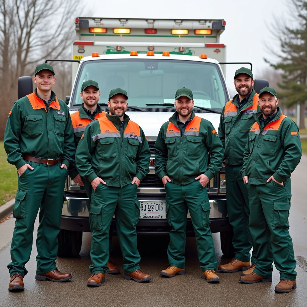 Six men in green uniforms pose in front of an ambulance. They wear hats and have arms at sides.