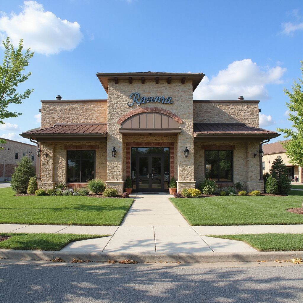 Restaurant building with brick facade and arched entryway, blue sky background.