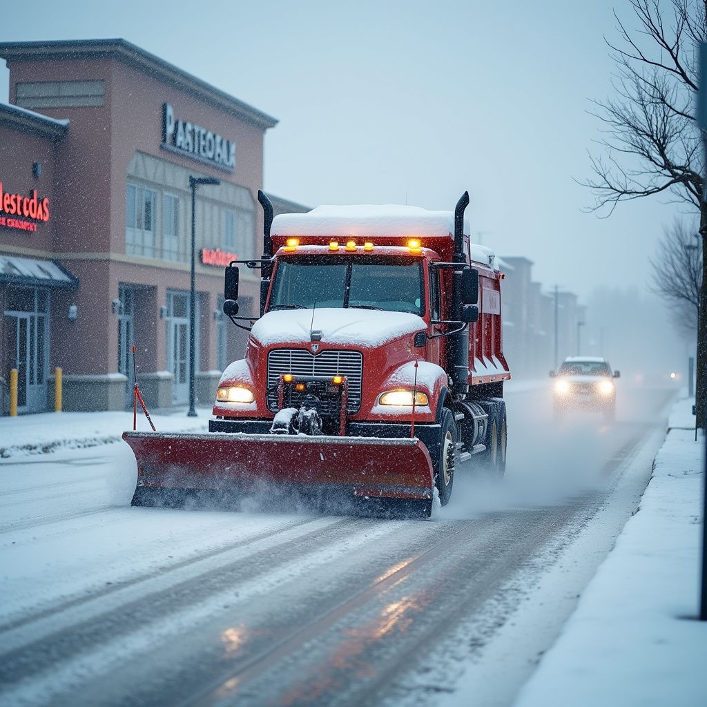 Snowplow clearing a road during a snowstorm in front of a shopping center.