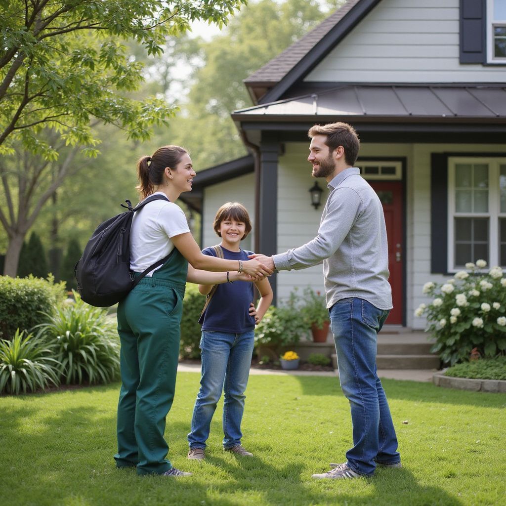 Woman shaking hands with man and child in front of house.