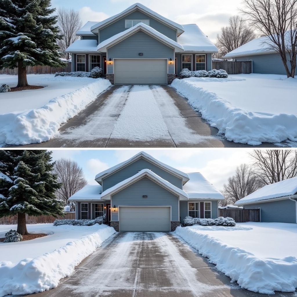 Two images of a blue house covered in snow. The driveway is mostly clear.