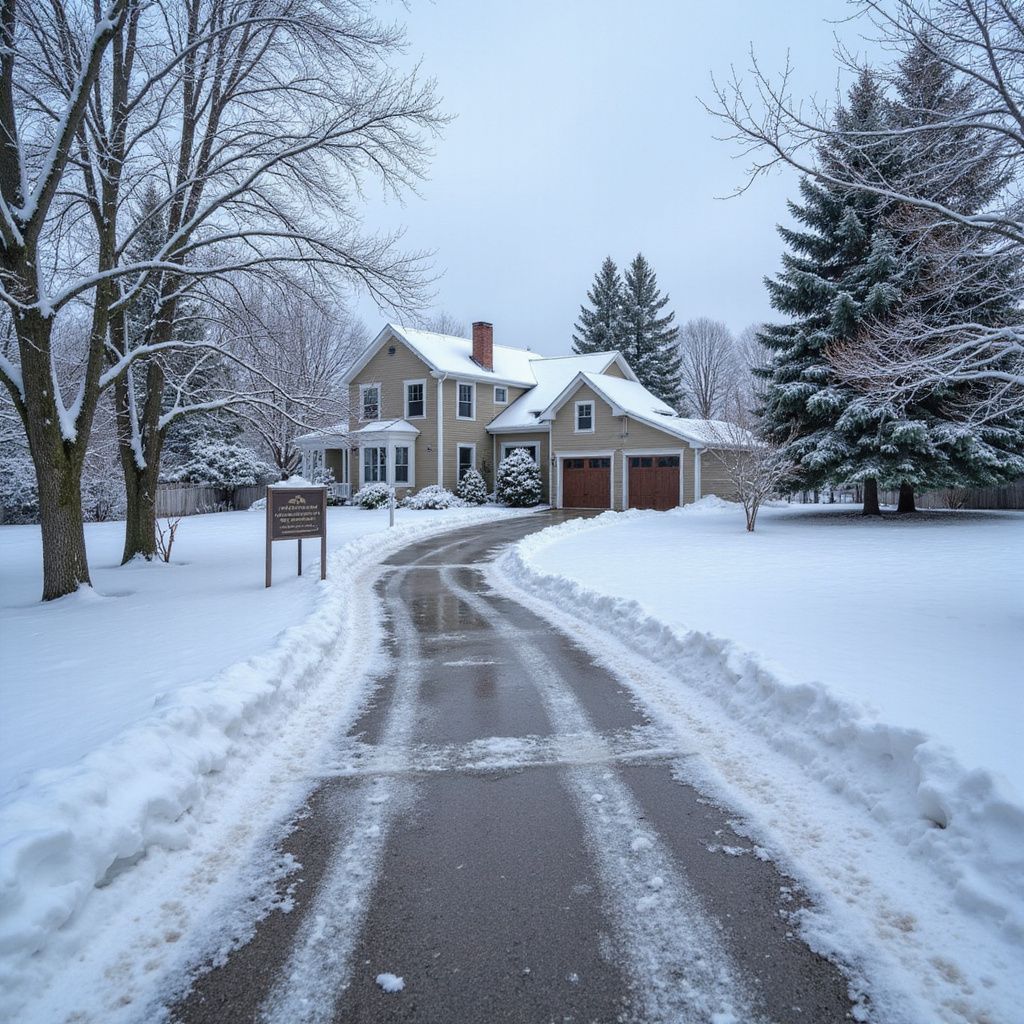 Snow-covered driveway leads to a two-story house with a beige exterior and brown garage doors on a cloudy day.