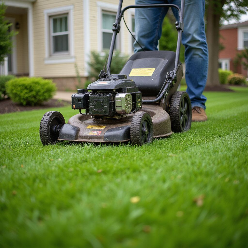 Person mowing a lush green lawn with a push mower in front of a house.