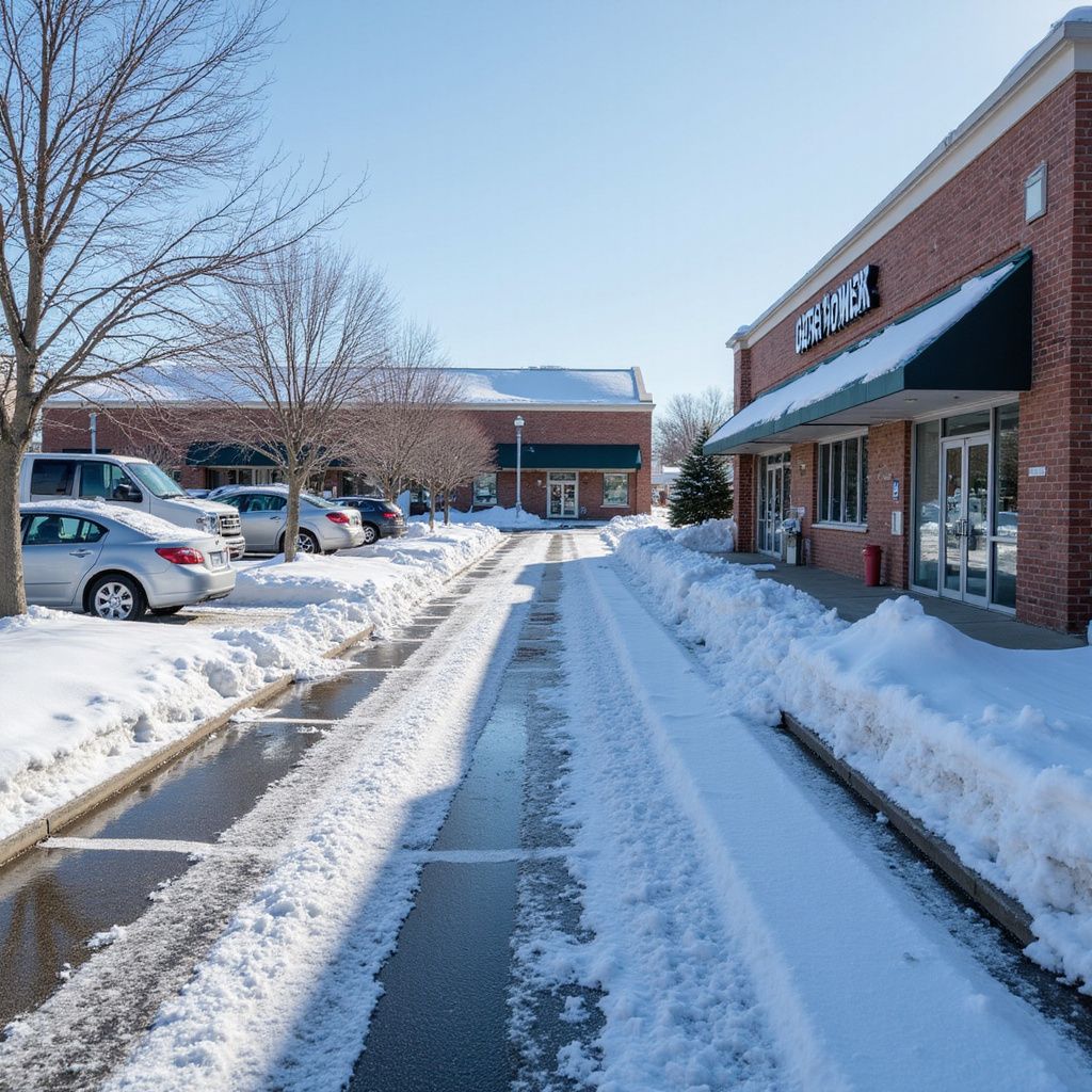 Snow-covered parking lot and sidewalks in front of brick commercial buildings on a sunny winter day.