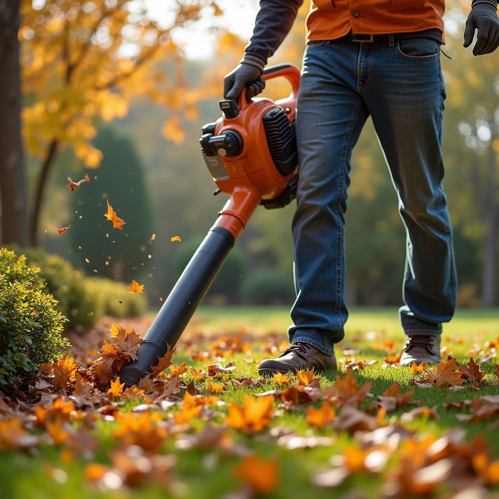 Man using a leaf blower on a lawn covered in fallen autumn leaves.